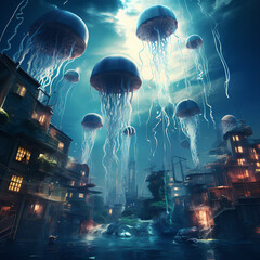 Underwater cityscape with floating jellyfish. - obrazy, fototapety, plakaty