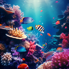 Underwater scene with colorful coral and exotic fishes