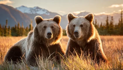 Fotobehang close up portrait of two brown bears ursus arctos horribilis relaxing in the grass at silver salmon creek alaska united states of america © Adrian