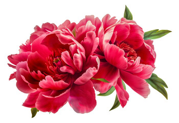 Two red peonies are arranged in a bouquet, cut out - stock png.