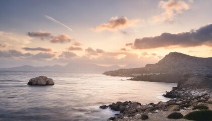 Fototapeta na wymiar beautiful landscape coast of the island of crete greece area of lerapetra eden rock beautiful sky at sunrise over the sea