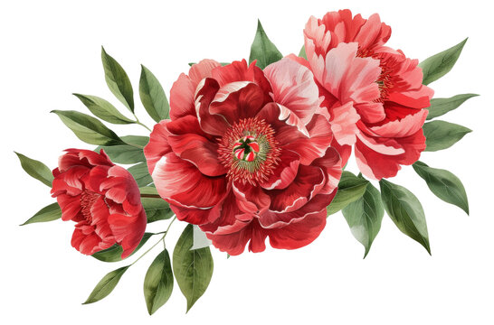 A bouquet of red flowers with green leaves - stock png.