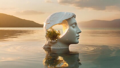 surreal contrast emotions concept broken human head sculpture and nature human head in water fantasy illustration freedom hope mind - obrazy, fototapety, plakaty