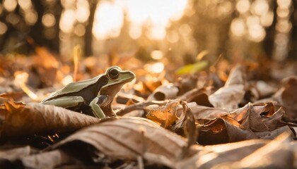 black webbed tree frog among dry leaves - obrazy, fototapety, plakaty
