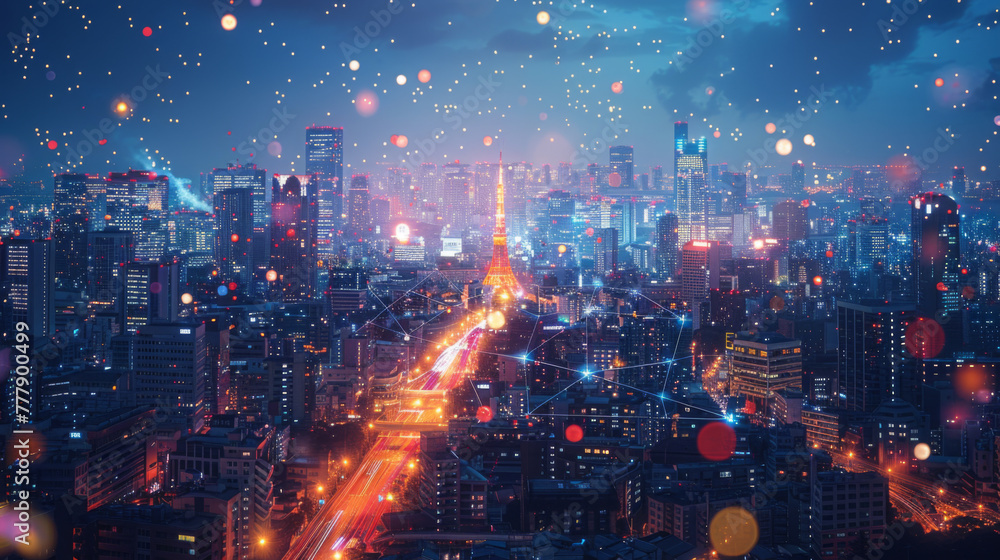 Poster modern city with wireless network connection and city scape concept. wireless network and connection