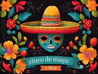 mexican sombrero and hat. design for Mexican holiday 5 may Cinco De Mayo. traditional Mexican symbols skull with Mexican sombrero hat and flowers, 