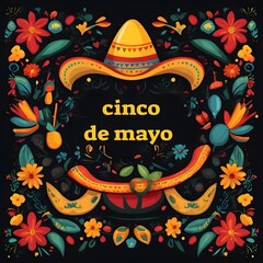 mexican sombrero and hat. design for Mexican holiday 5 may Cinco De Mayo.  template with traditional Mexican symbols with Mexican sombrero hat decorated with flowers. T_ shirts design.