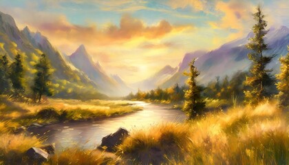 artwork is a fabulous landscape of mountains trees rivers and grass a fantasy sketch of amazing nature artwork sketch of beautiful mystical trees illustration