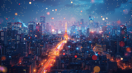 Modern city with wireless network connection and city scape concept. Wireless network and Connection technology concept with city background at night.