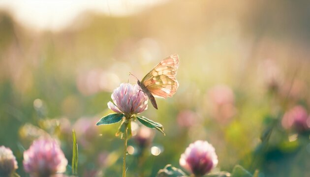 wild flowers of clover and butterfly in a meadow in nature in the rays of sunlight in summer in the spring close up of a macro a picturesque colorful artistic image with a soft focus