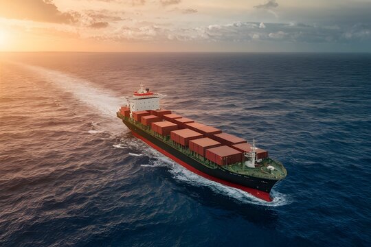 Cargo ship navigating vast ocean, integrated with neural network