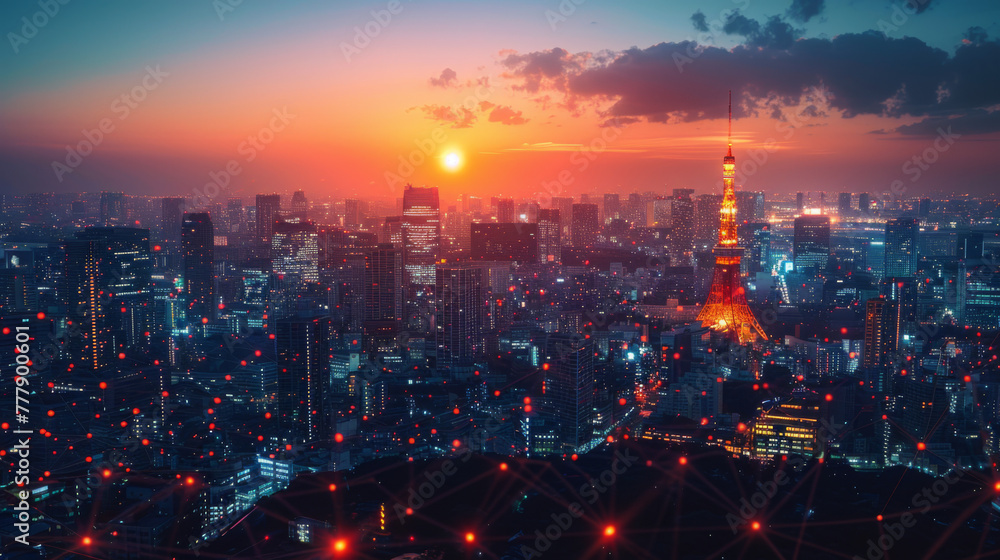 Poster modern city with wireless network connection and city scape concept. wireless network and connection