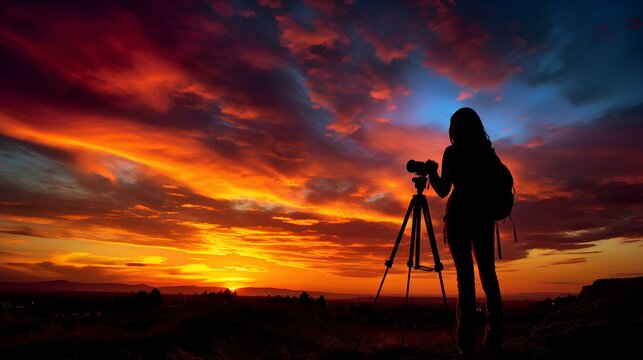 Backlit image of a photographer girl at dawn, silhouetted against a vivid sky while setting up her tripod for a landscape shot.