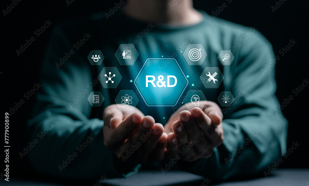Poster r and d, research and development concept. person holding virtual r and d icons for research and dev