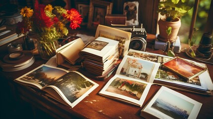 On a rustic table, an open photo album filled with snapshots from a summer trip, alongside instant photos showcasing the charm of a vintage camera. - obrazy, fototapety, plakaty