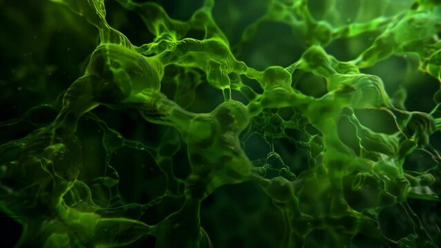 Finally we zoom out for a more comprehensive view of the algae cell and its chloroplasts. The intricate network of interconnected . AI generation.