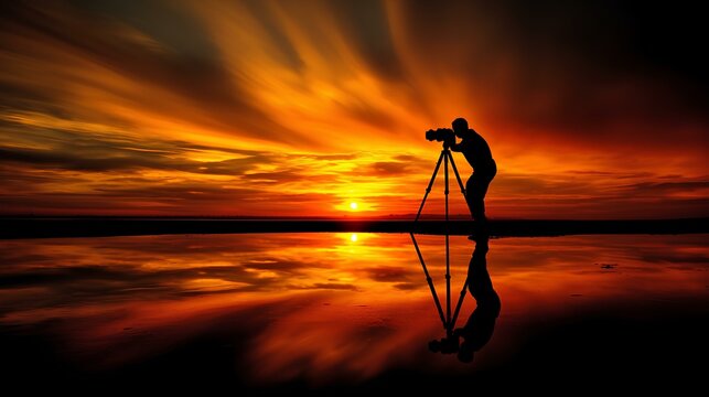 Silhouette of a photographer against a vibrant sunset, framing the artistry behind the lens.