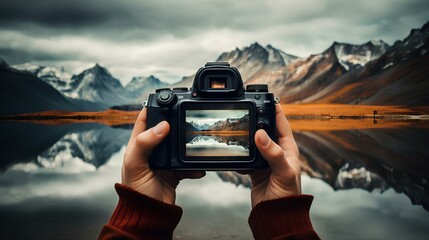 The hands of a dedicated photographer holding a digital camera, capturing the reflection of mountains on a calm lake, displayed vividly on the camera screen. - obrazy, fototapety, plakaty