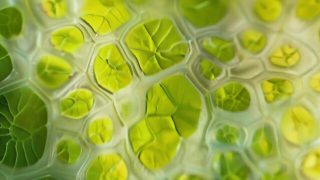 A crosssection of a plant leaf showcasing the distribution of chloroplasts throughout the mesophyll layer. . AI generation.