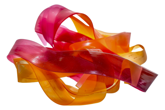 A long orange and pink ribbon is laying, cut out - stock png.