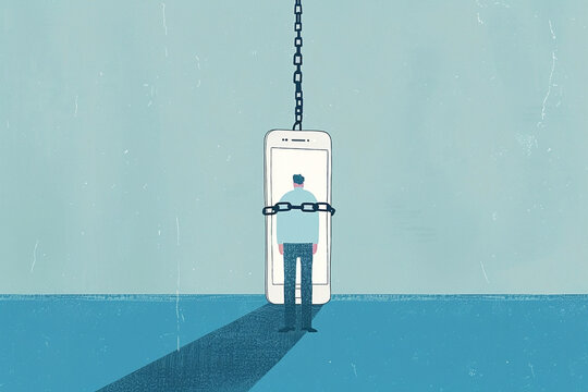 Sad depressed man chained to cellphone nomophobia blue white social media addiction anxiety illustration