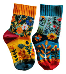 Two colorful socks with flowers on them, cut out - stock png.