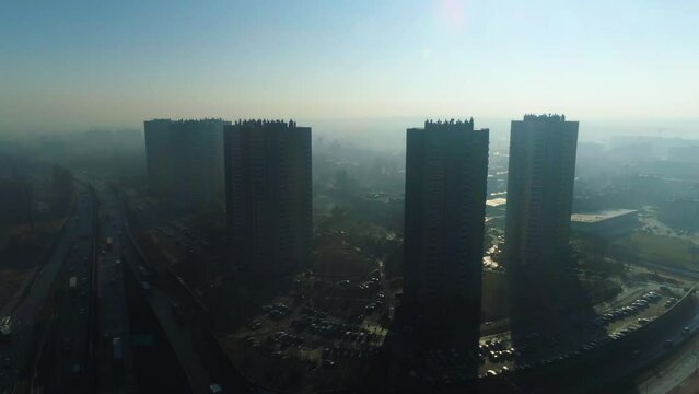 Aerial View On Fog Star Skyscrapers. Beautiful Silesian Climate
