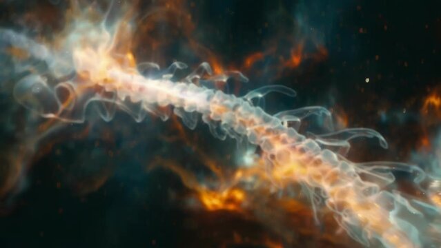 A zoomedin view of a holographic spine depicting the vertebrae nerves and discs and demonstrating how they work together to support the body and protect the spinal cord.