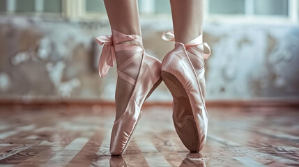 ballet dancer feet, pink pointe shoes closeup