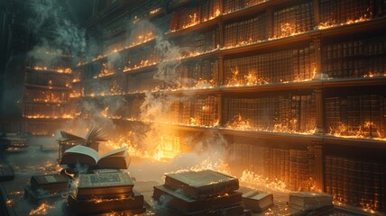 a room filled with lots of books and burning books - obrazy, fototapety, plakaty