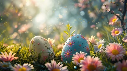 Spring awakening with Easter eggs and blooming flowers