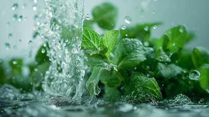 Fresh mint splashed with water, capturing the essence of purity and refreshment.