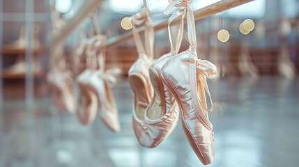 close-up of pale pink pointe classic ballet shoes hanging from bar, ballerina shoes - obrazy, fototapety, plakaty