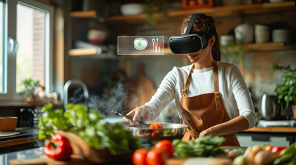 Chef with VR headset cooks in a kitchen, blending traditional cooking with futuristic tech.