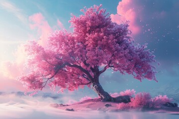 Fototapeta na wymiar A magical tree of dreams stands tall in a surreal landscape, its pink and blue hues casting a spell of wonder and enchantment.