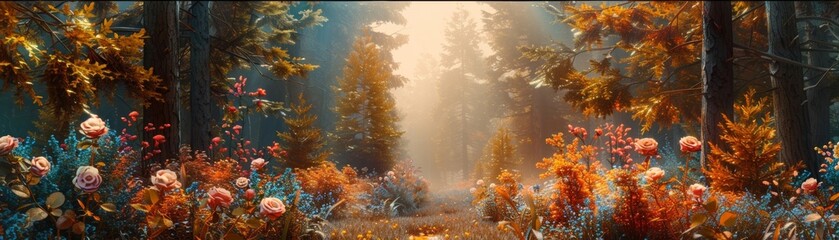 Dreamy digital landscape transports you to an enchanting forest, with vibrant roses and bluebells adding a pop of color to the serene autumn scene.