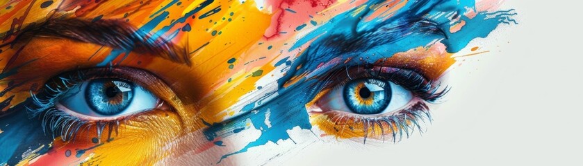 Decorate your space with a vibrant digital abstract art poster, featuring intricate doodle human eyes for a unique touch. - obrazy, fototapety, plakaty