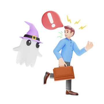 Scared Man Running Away from Ghost - 3D Character Illustration