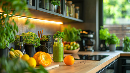 Modern kitchen counter with fresh green juice and vibrant citrus fruits in natural light.