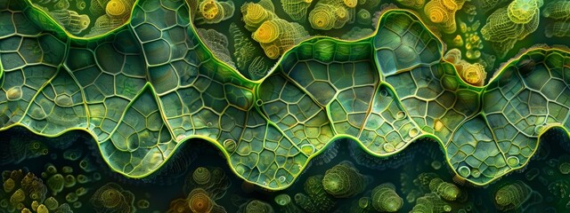 Microscopic view of leaf cells in varying shades of green with water droplets.