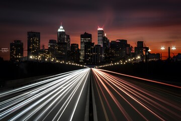 Fototapeta na wymiar City silhouette with headlamp trails on road captures urban vibrancy