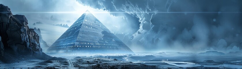 Ancient wisdom meets modern technology as a crystal pyramid rises from the earth, its binary code engravings blending past and future.
