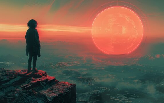 Geryon's sleek form cuts through the nostalgic retro-futuristic skyline, a sharp contrast to the soft, dreamy scenery.