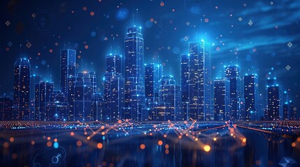 Naklejka premium Wi-Fi smart city or network. Low poly wireframe. Building automation with computer board illustration. Isolated on a dark blue background. Plexus points and lines. Wireless smart city or network