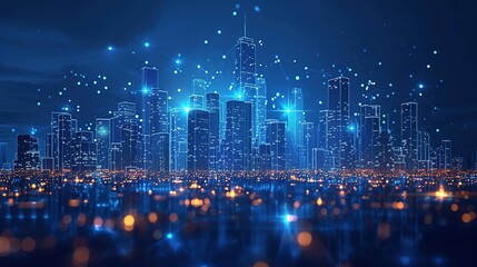 Fototapeta premium Wi-Fi smart city or network. Low poly wireframe. Building automation with computer board illustration. Isolated on a dark blue background. Plexus points and lines. Wireless smart city or network