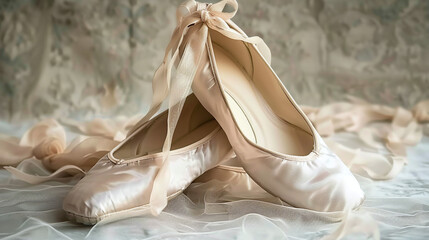Fototapeta na wymiar classic ballet white pointe shoes, ballerina shoes