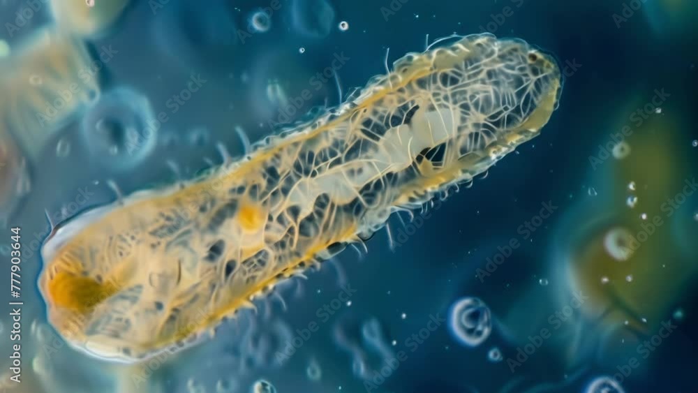 Poster a microscopic image of a tiny larva suspended in a clear liquid its segmented body showcasing its tr