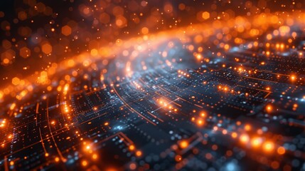 Obraz premium Tech Earth Globalization networking, orange line lights transmit data, Transfer speed data internet, triangle digital data, zoom out camera.