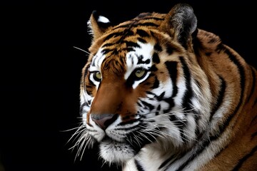 Close up face of tiger evokes majestic beauty against dark backdrop