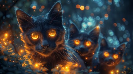 magical cats with glowing eyes in a mystical grove - obrazy, fototapety, plakaty